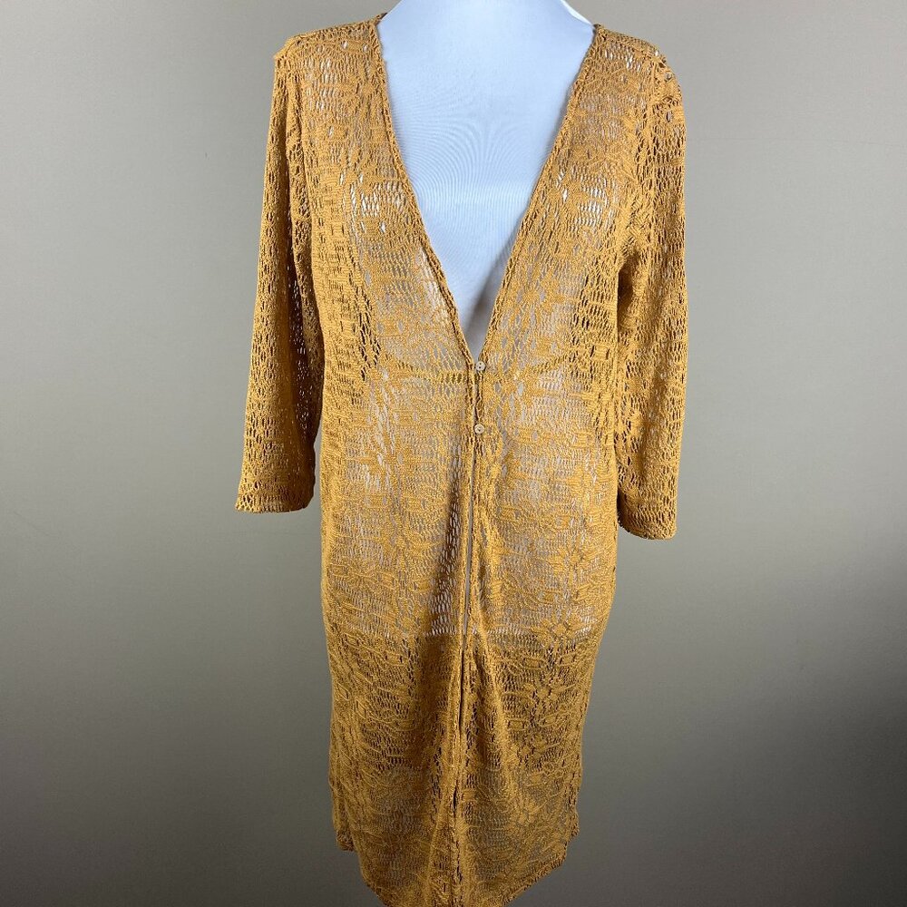 Maurices 3/4 Sleeve Cardigan Size S Butterscotch Tan, Abstract Floral Crochet
